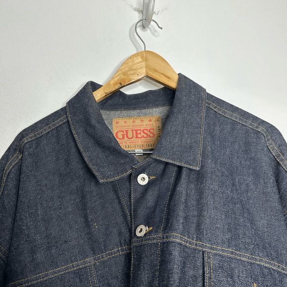 VTG 90s GUESS JEAN Trucker JACKET raw selvedge denim dark wash XXXXL 4XL - Picture 4 of 8